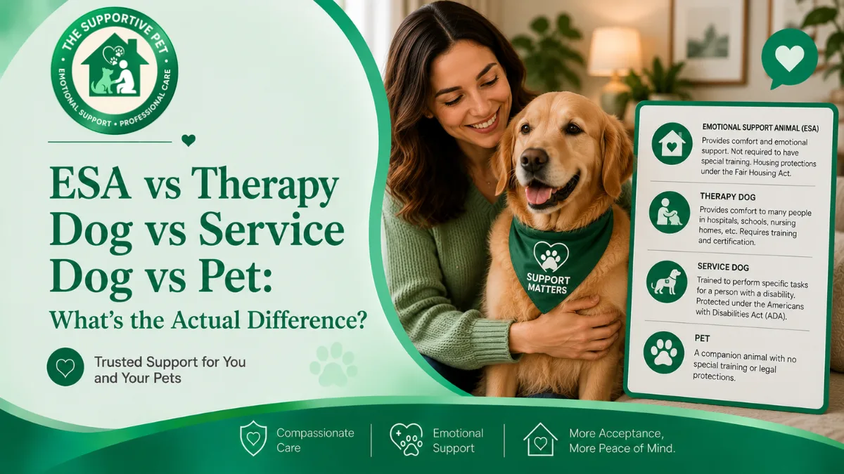 ESA vs Therapy Dog vs Service Dog vs Pet: What's the Actual Difference?